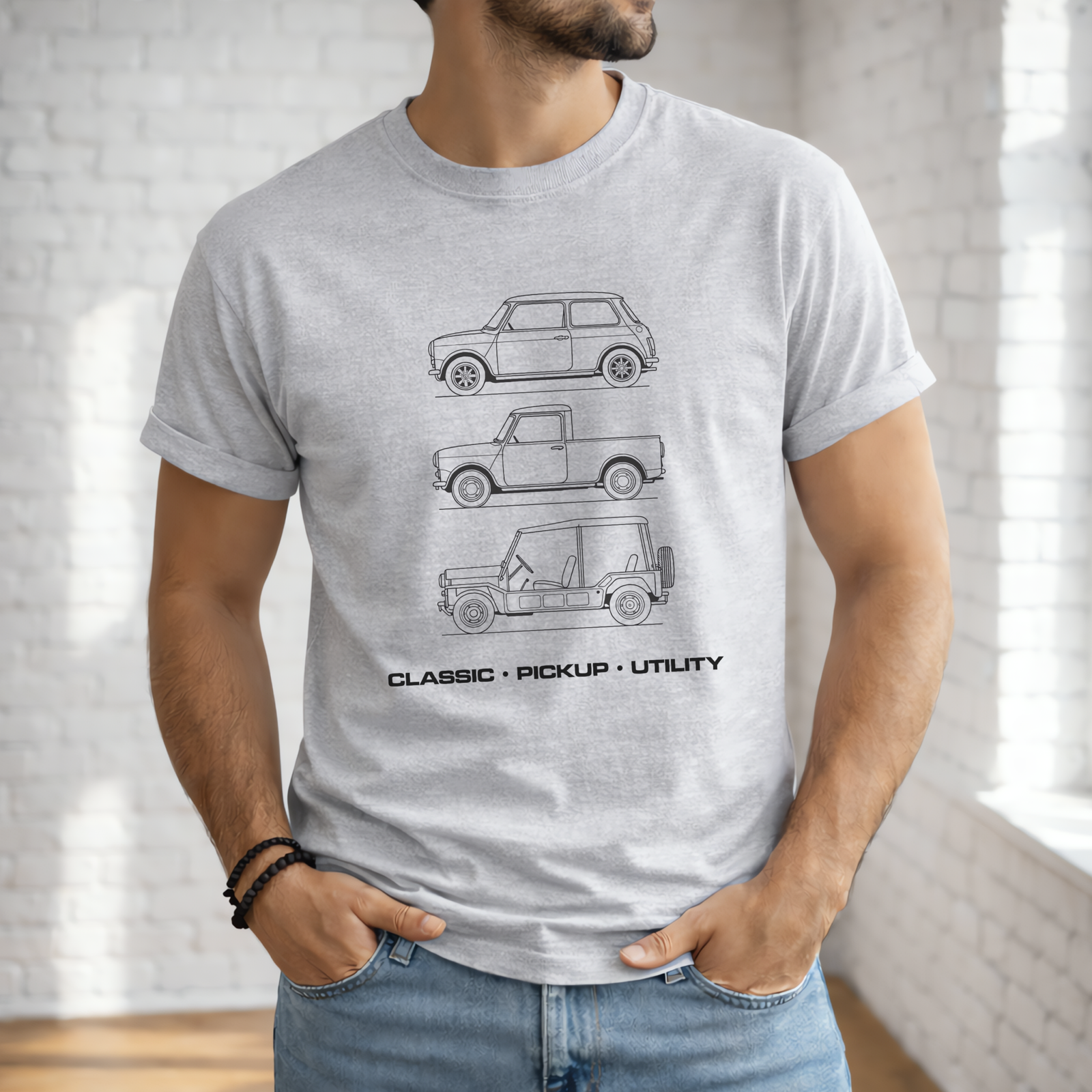 Tshirt for classic mini fans — saloon pickup moke